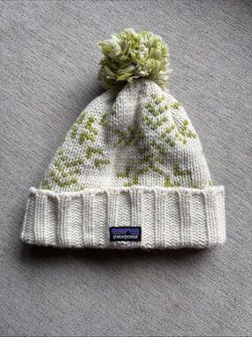Patagonia Cream Knit Beanie with Light Green Pom and Pattern
